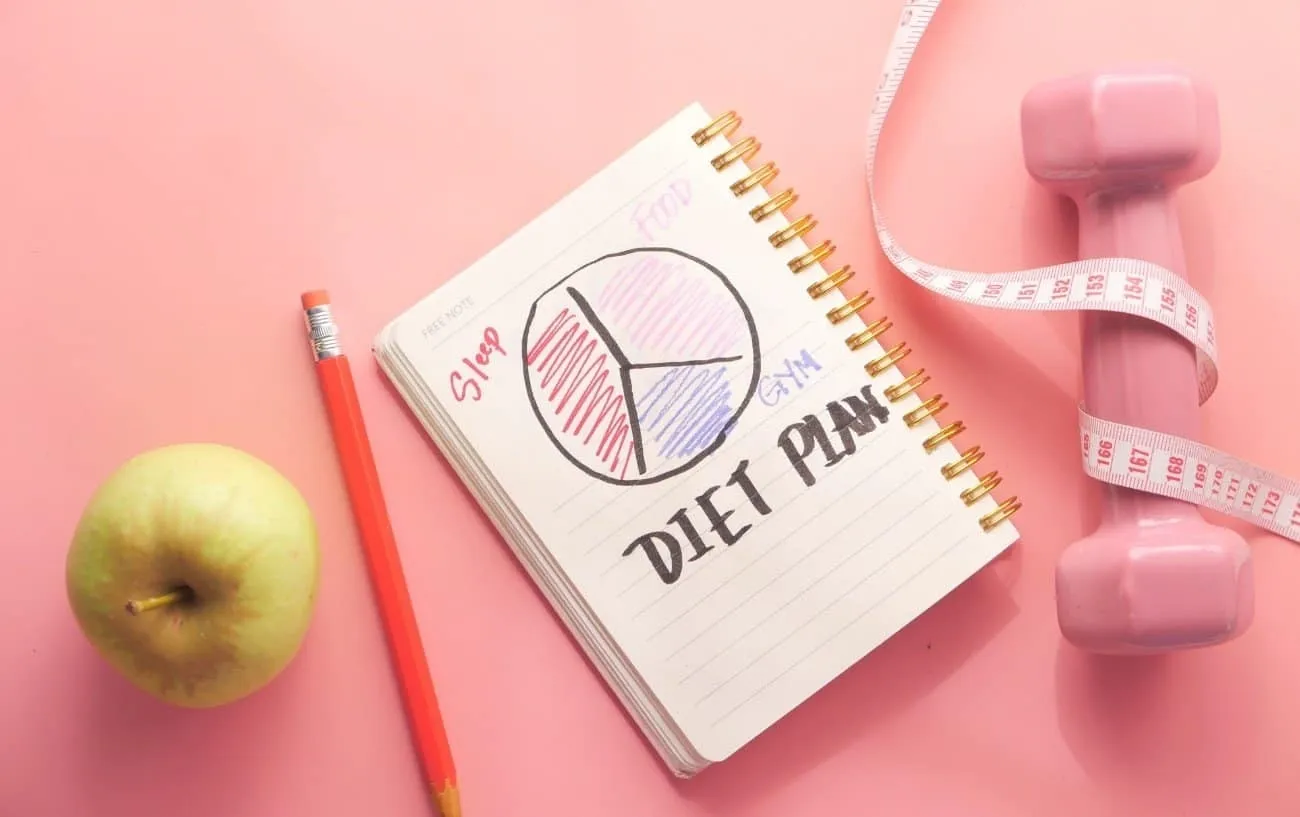 Яблоко, карандаш, блокнот с надписью 'План диеты', розовая гантель и измерительная лента. 