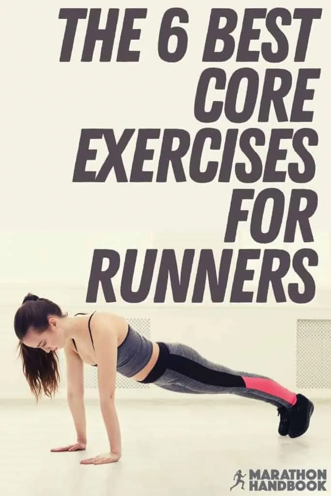 текст 'The 6 Best Core Exercises For Runners' and 'Marathon Handbook', with a lady in pushup position 