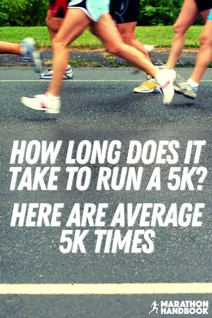 Ноги некоторых бегунов, на дороге, с текстом 'How Long Does It Take To Run a 5k? Here are Average 5k Times' and 'Marathon Handbook'.