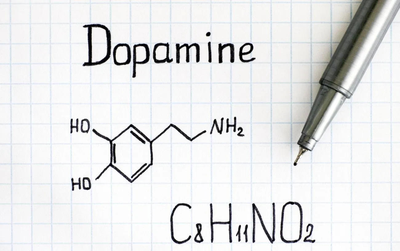 Слово 'дофамин' написано на графической бумаге.