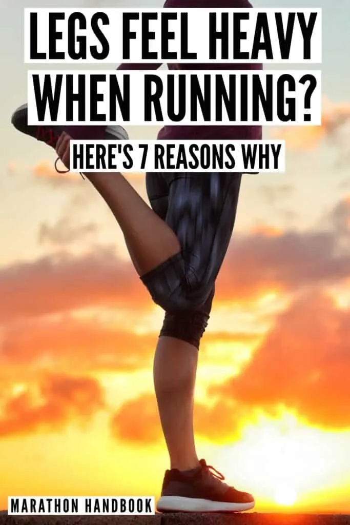 Бегун's legs with a sunset behind. Overlaid text with the article title and 'Marathon Handbook'.